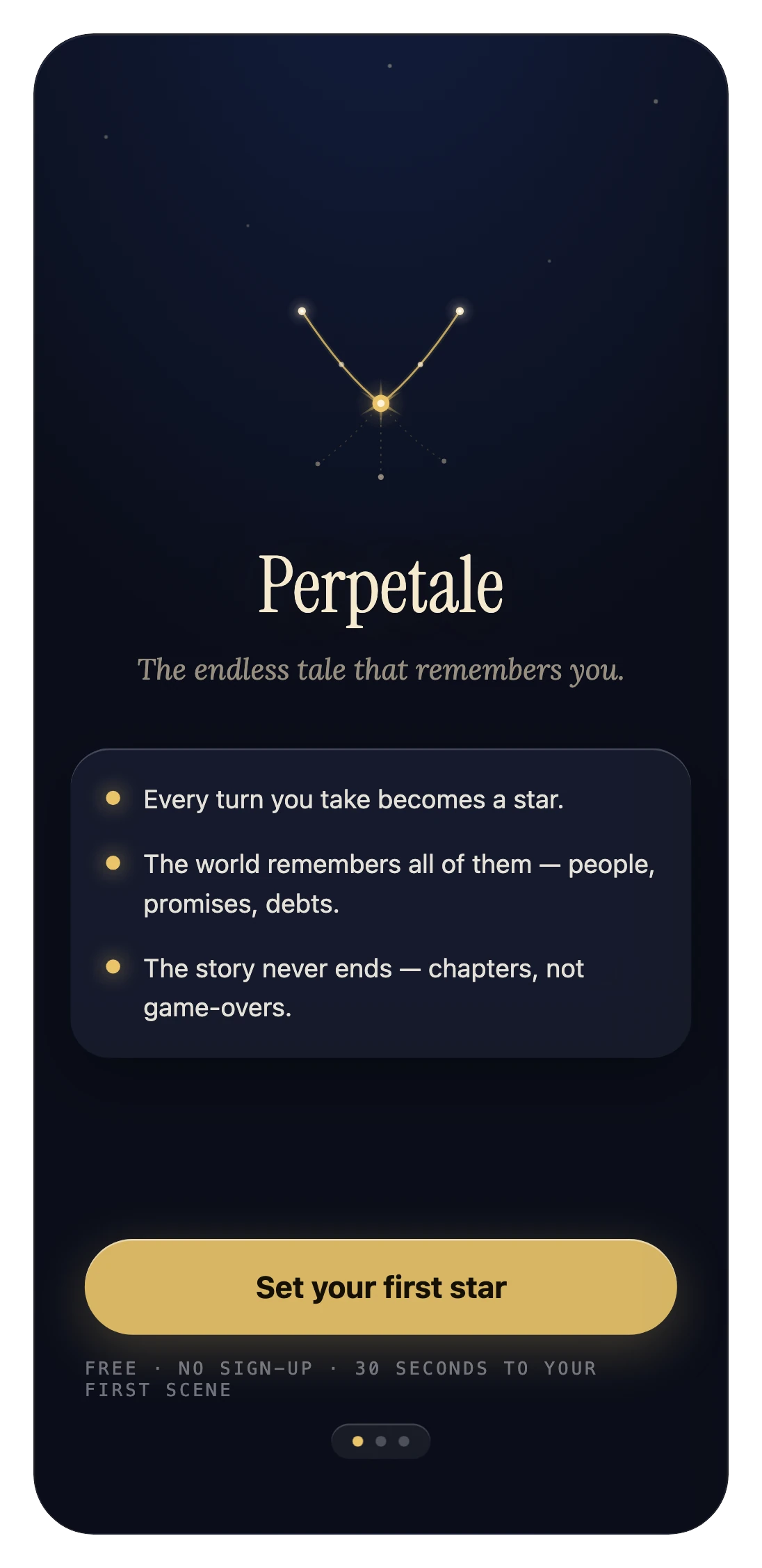 Perpetale — the opening screen: a constellation over a night sky and the promise of an endless tale that remembers you