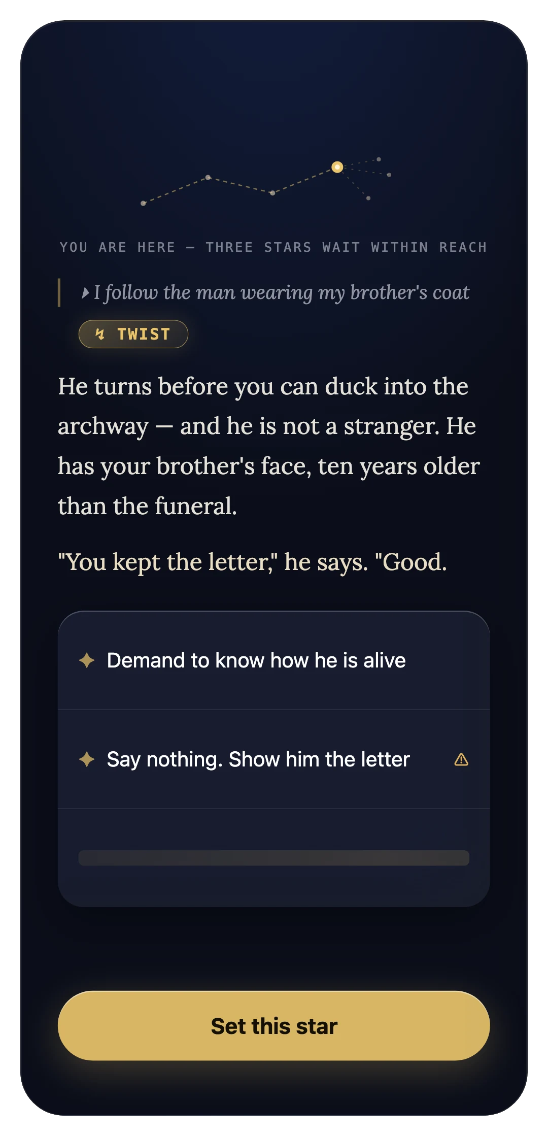 Perpetale — a story turn: the scene, then the choices that decide what happens next